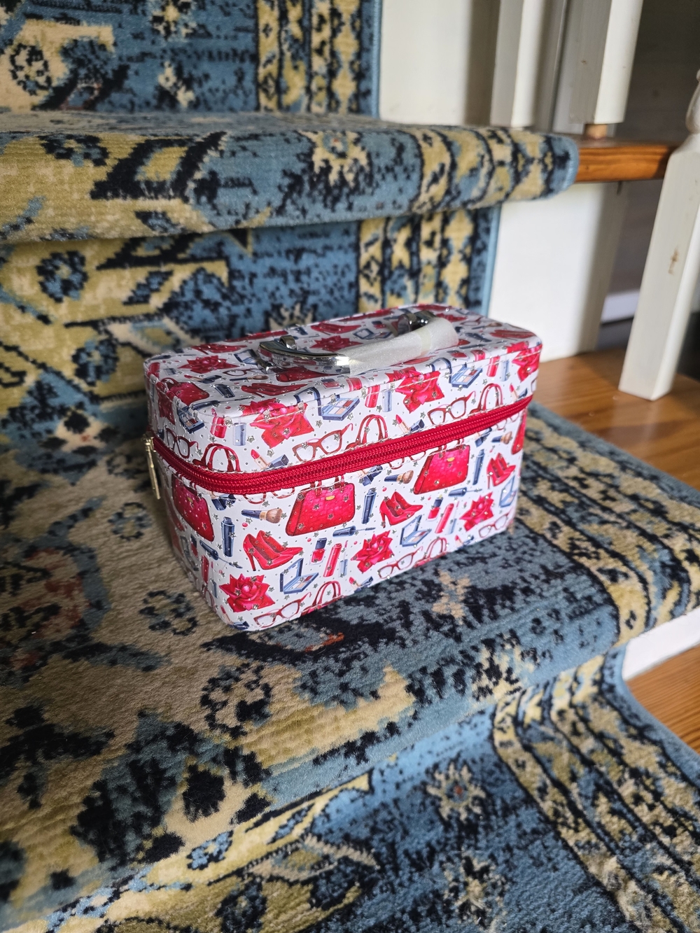 Cosmetic Train Case Makeup Bag in White & Red Print